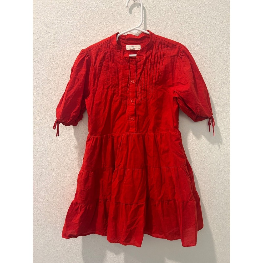 A Loves Girls Red Tiered Pintuck Button Front Puff Sleeve Dress Medium